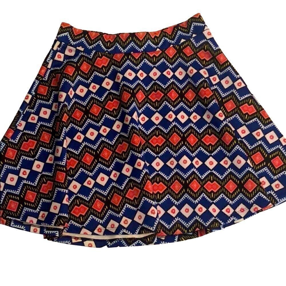 Aztec Print Skater Skirt Navy Red Black Geometric Stretch Pull-On M NWOT